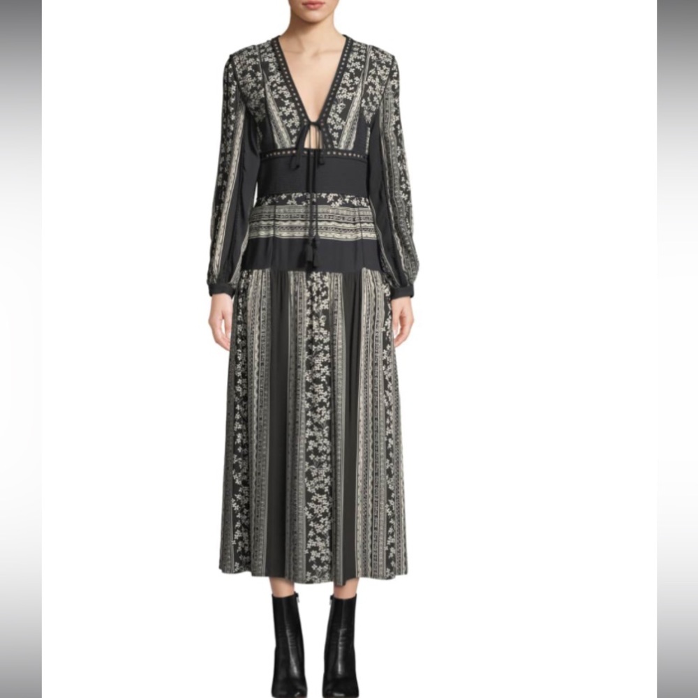 SEA New York - Keely Long-Sleeve V-Neck Paneled Floral-Print Midi Dress -SZ 8
